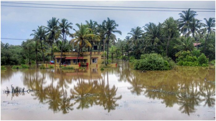 A waterlogged area following heavy monsoon rains in Udupi district. Credit: PTI Photo